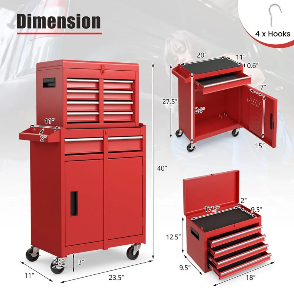 GVN 2-in-1 Tool Chest and Cabinet with 5 Sliding Drawers-Red, Locking System Drawer for Garage, Warehouse & Repair Shop