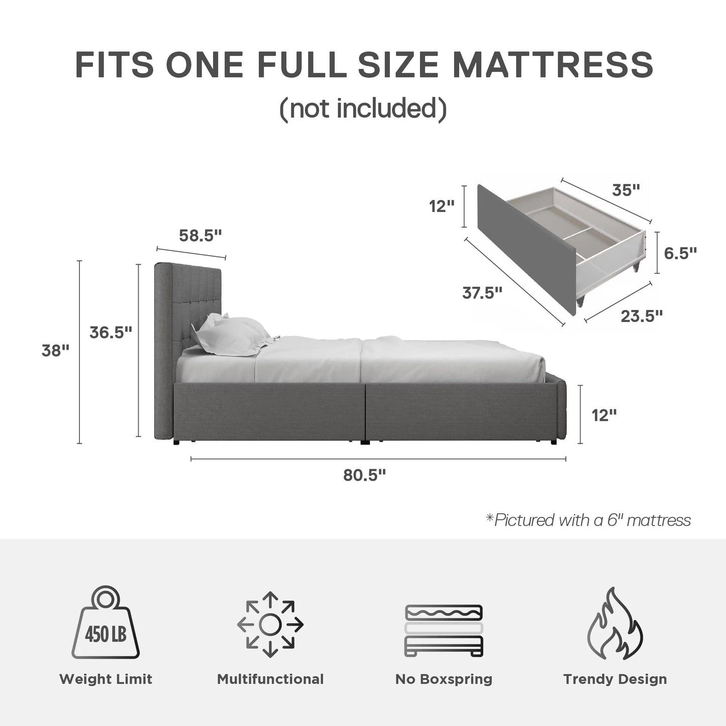 DHP Rose Tufted Upholstered Storage Bed Frame, Full, Gray Linen