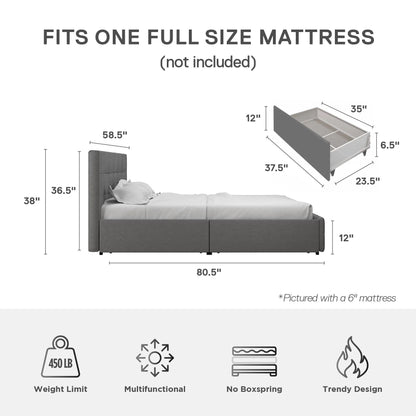 DHP Rose Tufted Upholstered Storage Bed Frame, Full, Gray Linen