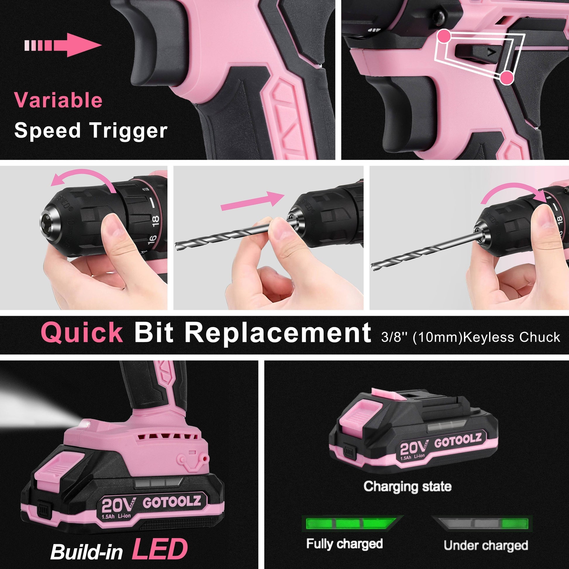 253-Piece 20V Pink Cordless Lithium-ion Drill Driver And Home Tool Set, Lady's Repairing Kit With 12-Inch Wide Mouth Open Storage Bag