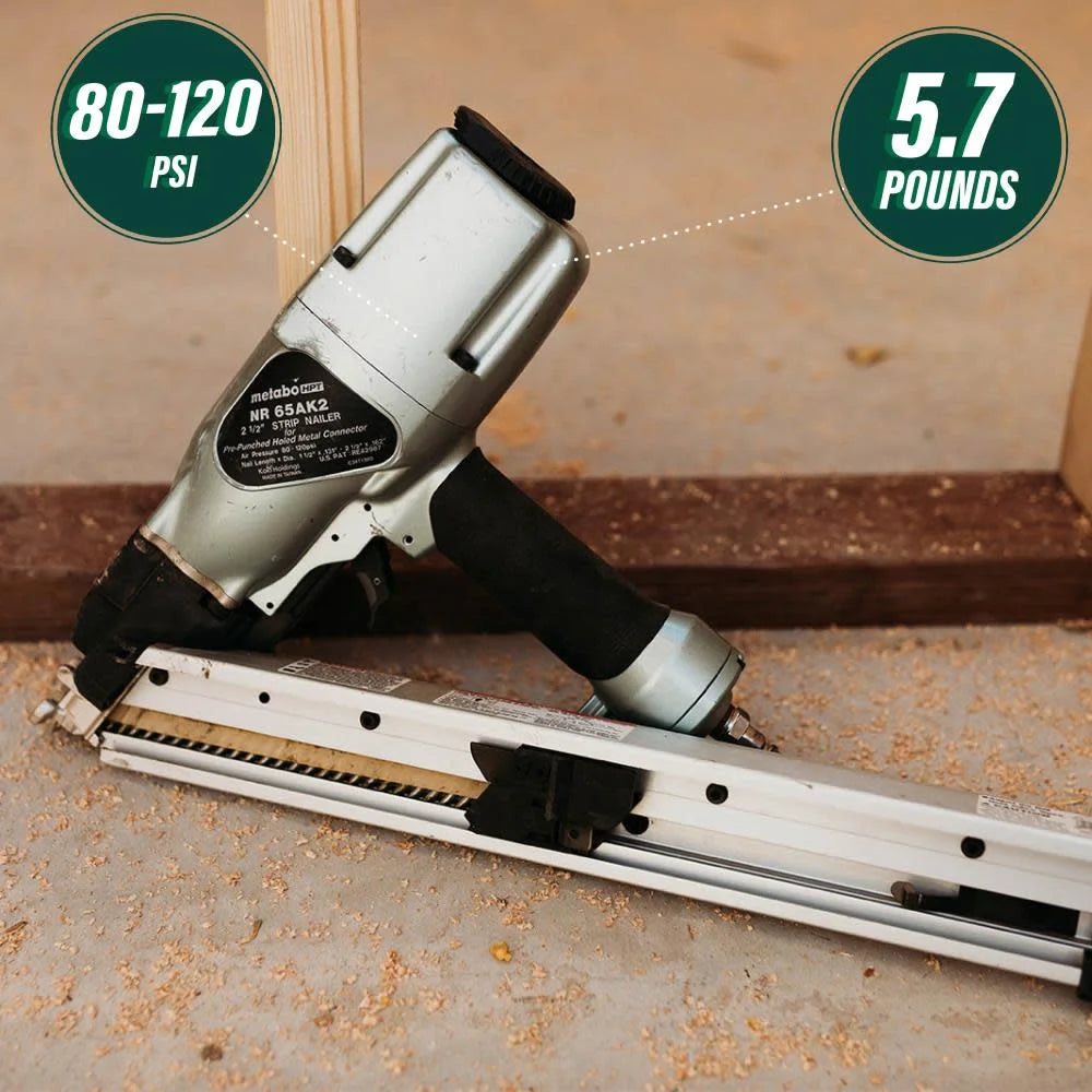 Metabo HPT Metal Connector Nailer | Pro Preferred Brand of Pneumatic Nailers | 36 Degree Short Magazine | Accepts 1-1/2-Inch to 2-1/2 Nails | Ideal for Fastening Metal Connectors to Wood | NR65AK2S