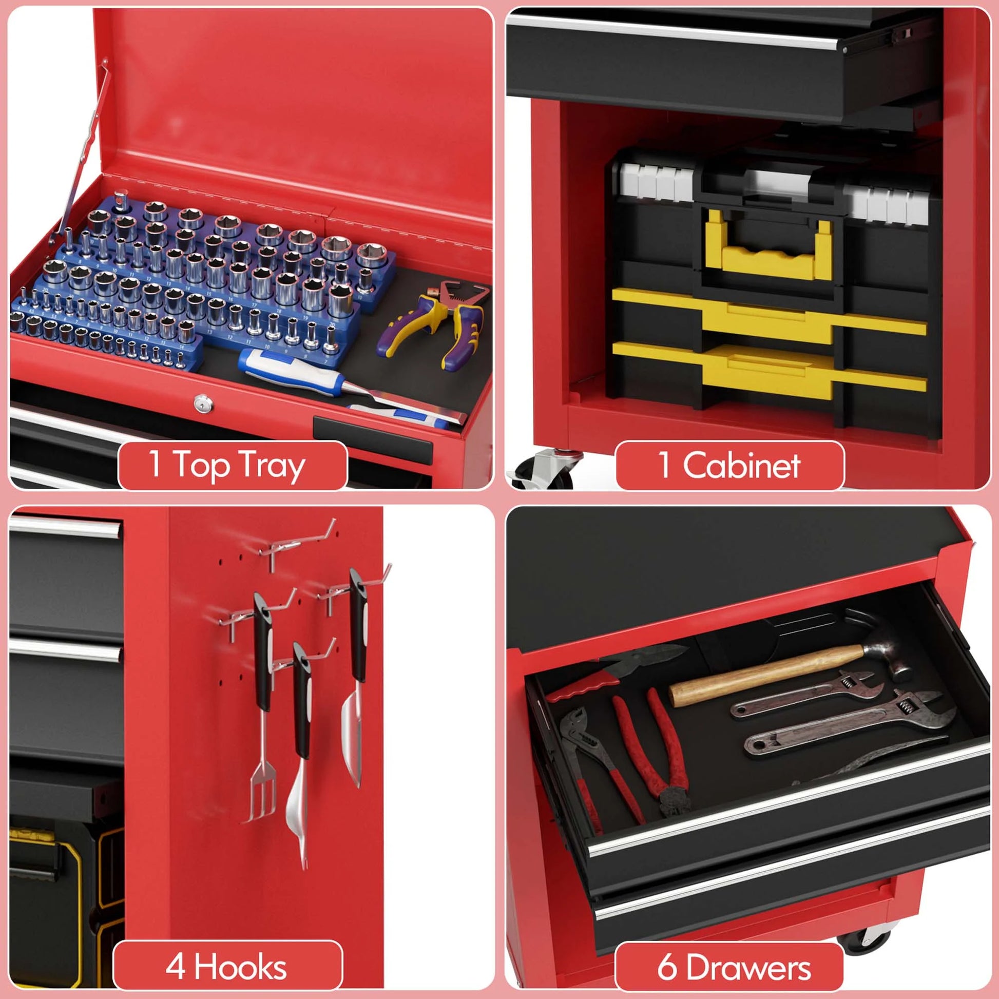 Costway, 60.5 lb, 23.5" Steel 6-Drawer Rolling Tool Cart with User Manual Black Red