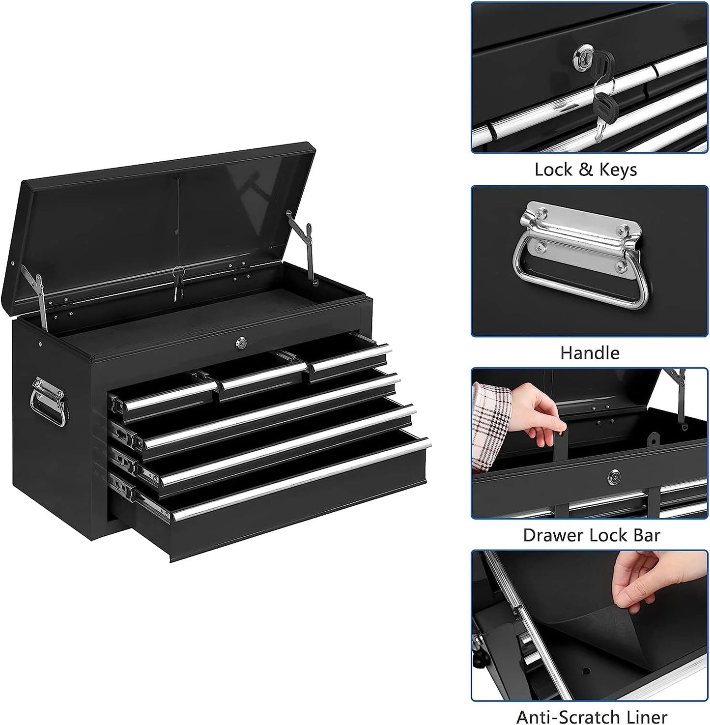TUFFIOM 8-Drawer Rolling Tool Chest w/Lock & Key, Tool Storage Cabinet w/Wheels, Detachable Top, Drawers, Side Hooks & Drawer Liners, Tool Organizer Box for Garage, Warehouse & Repair Shop