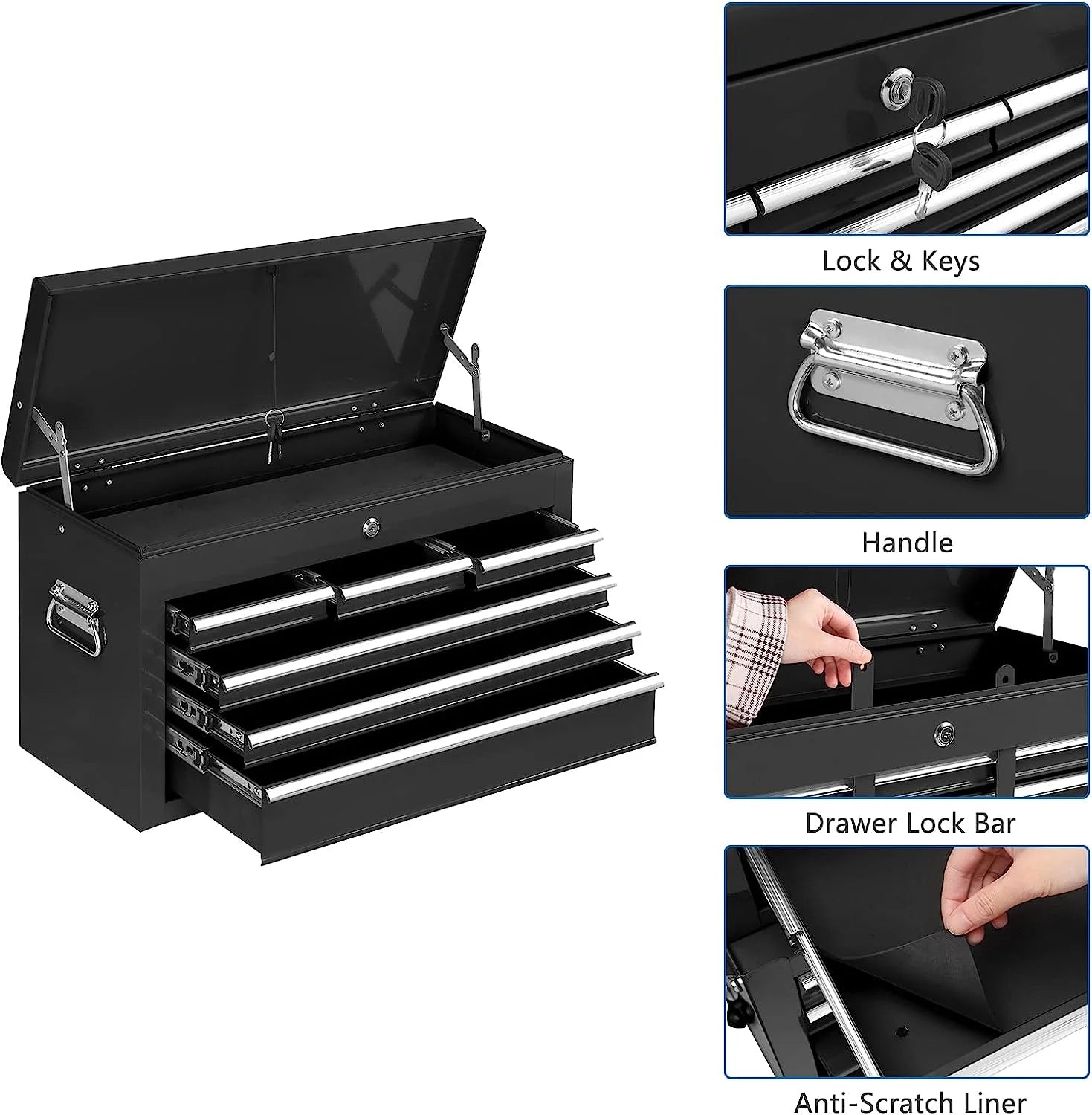 TUFFIOM 8-Drawer Rolling Tool Chest w/Lock & Key, Tool Storage Cabinet w/Wheels, Detachable Top, Drawers, Side Hooks & Drawer Liners, Tool Organizer Box for Garage, Warehouse & Repair Shop