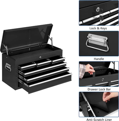 TUFFIOM 8-Drawer Rolling Tool Chest w/Lock & Key, Tool Storage Cabinet w/Wheels, Detachable Top, Drawers, Side Hooks & Drawer Liners, Tool Organizer Box for Garage, Warehouse & Repair Shop