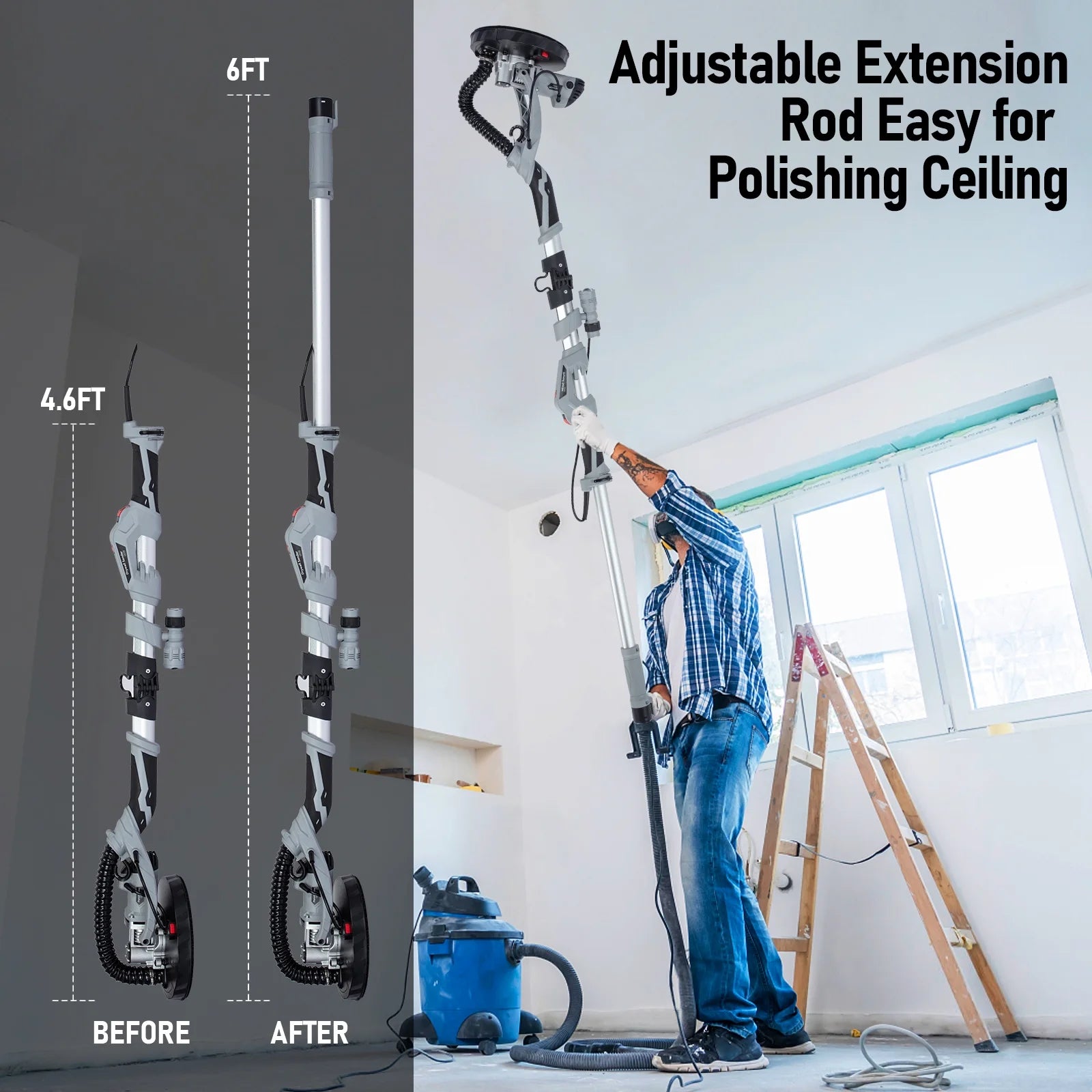 Mescukay 710W Drywall Sander, Electric Drywall Sander with 6 Pcs Sanding Discs, Variable Speed 800-1700RPM with LED Light, Extendable & Folding Handle, Carrying Bag