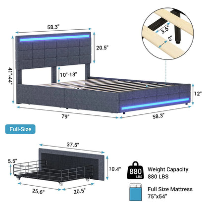 Full Size Bed Frame with 4 Storage Drawers, Platform Bed Frame with 2 USB Ports, Upholstered Bed with LED Headboard Footboard, Square Stitched Button Tufted Design, Dark Grey