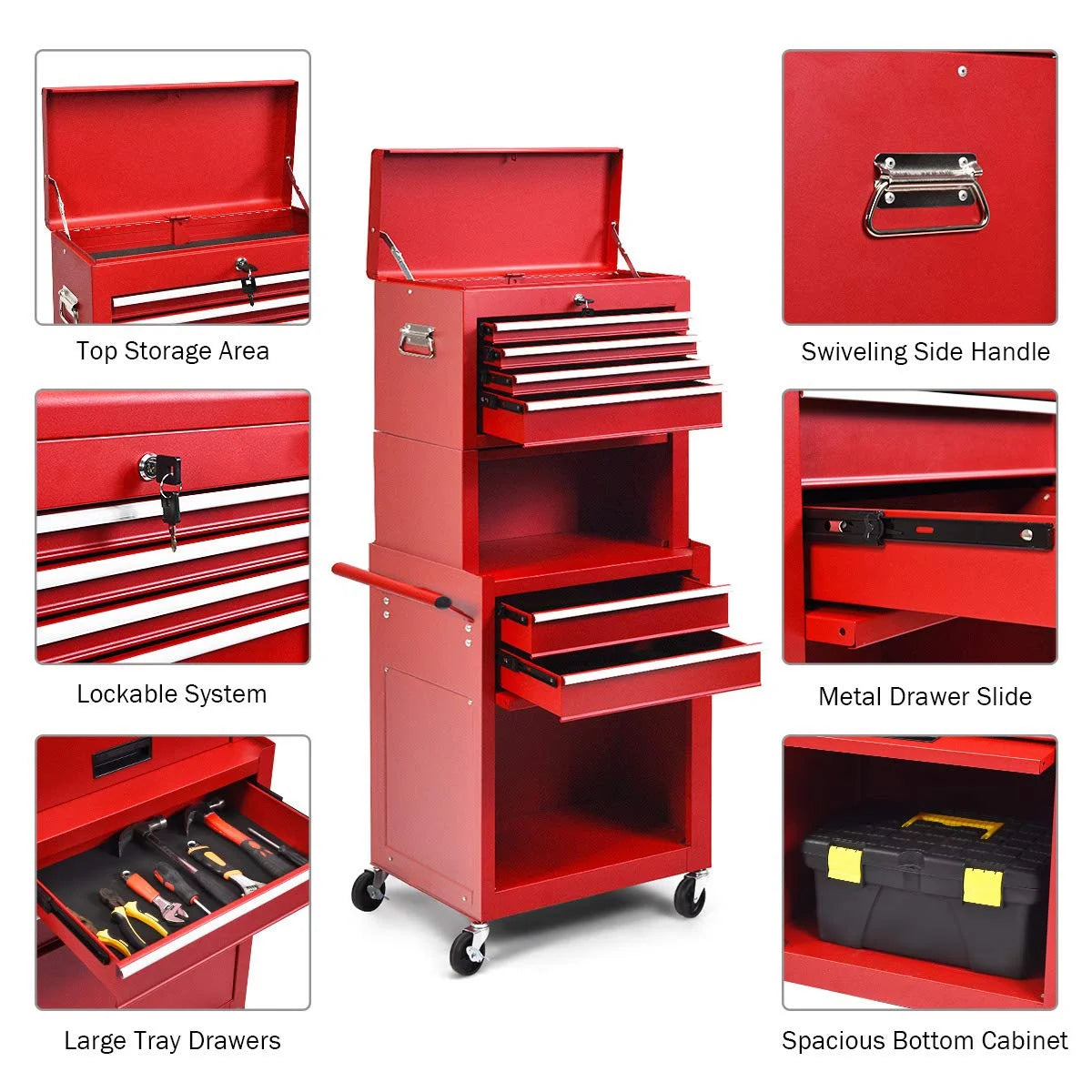 NIGSQJB 3-In-1 Tool Chest on Wheels with 6 Drawers, 52"H Tool Storage Cabinet with Auto Locking System,Detachable Top,Tool Box Organizer for Garage,Workshop,Repair Shop,DIY, Red