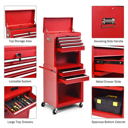 NIGSQJB 3-In-1 Tool Chest on Wheels with 6 Drawers, 52"H Tool Storage Cabinet with Auto Locking System,Detachable Top,Tool Box Organizer for Garage,Workshop,Repair Shop,DIY, Red