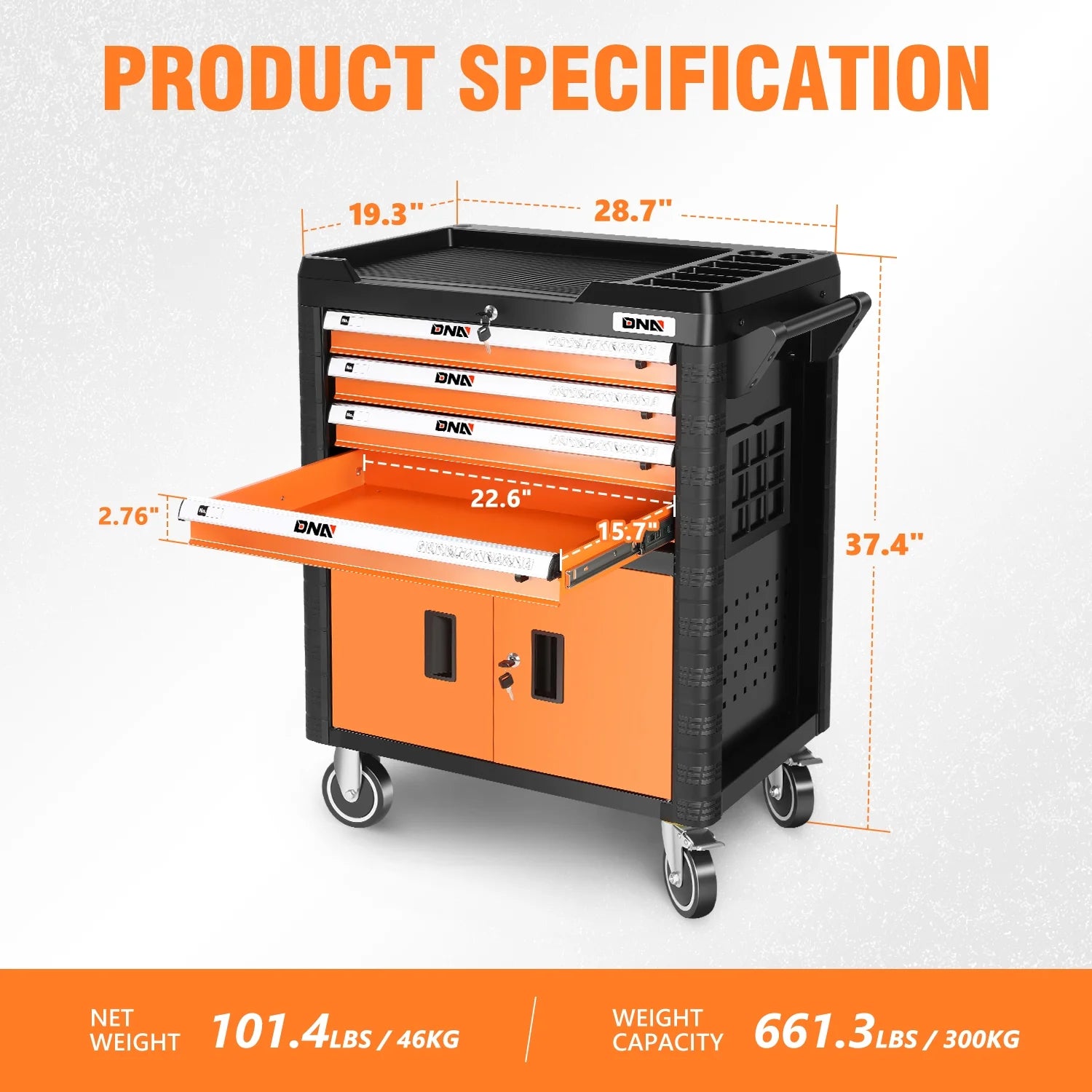 DNA Motoring TOOLS-00402 4 Drawer Garage Warehouse Workshop Divider Top Tray Rolling Cabinet Chest With Swivel Casters Orange
