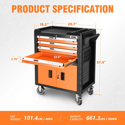 DNA Motoring TOOLS-00402 4 Drawer Garage Warehouse Workshop Divider Top Tray Rolling Cabinet Chest With Swivel Casters Orange