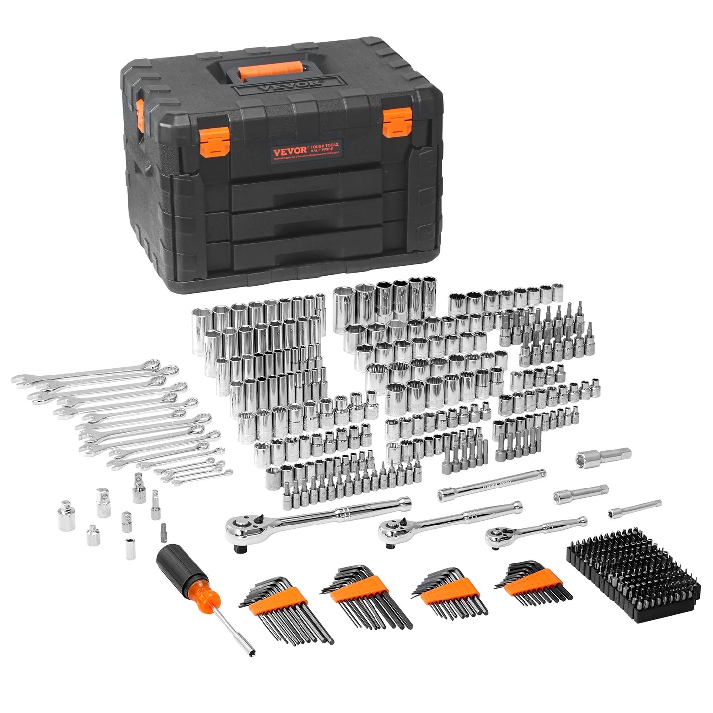 VEVOR Mechanics Tool Set and Socket Set, 1/4" 3/8" 1/2" Drive Deep and Standard Sockets, 450 Pcs SAE and Metric Mechanic Tool Kit with Bits, Hex Wrenches, Combination Wrench,Accessories,Storage Case