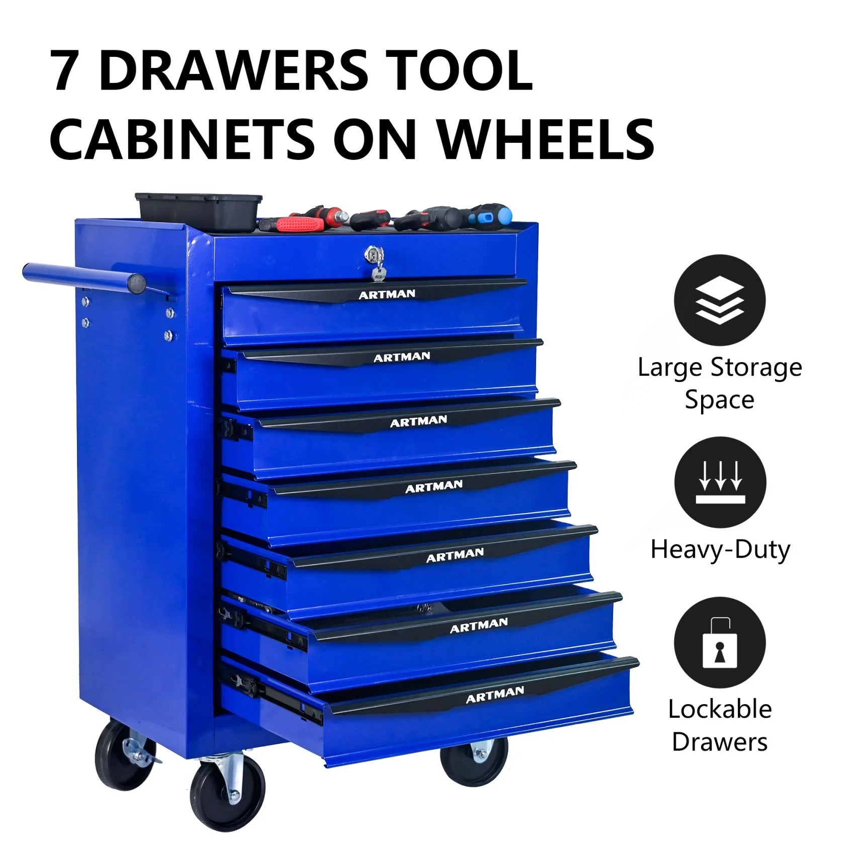 FARONZE Rolling Metal Tool Chest with 7 Drawers, 20" Steel Storage Cabinet with Ball Bearing Slides, Black and Blue Finish