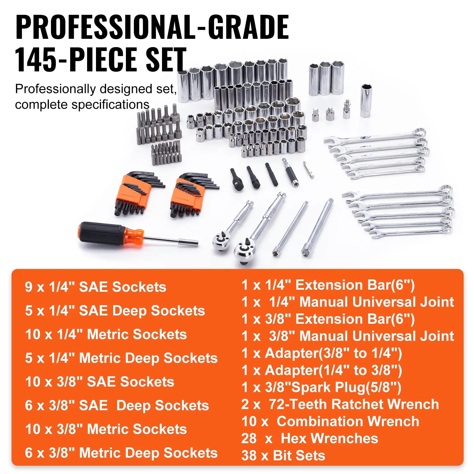 SKYSHALO Mechanics Tool Set and Socket Set, 1/4" and 3/8" Drive Deep & Standard Sockets, 145 Piece SAE and Metric Mechanic Tool Kit with Bits, Combination Wrench, Hex Wrenches, Accessories