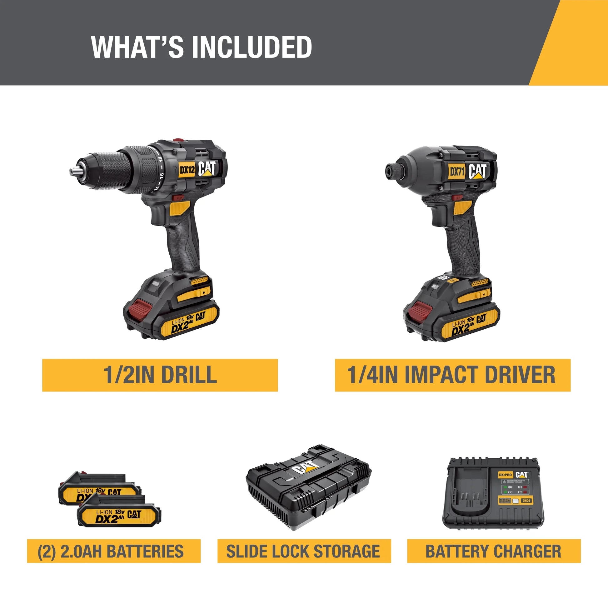Caterpillar Cat DX12K 18V Cordless Hammer Drill & Impact Driver Combo Kit with 2 Batteries
