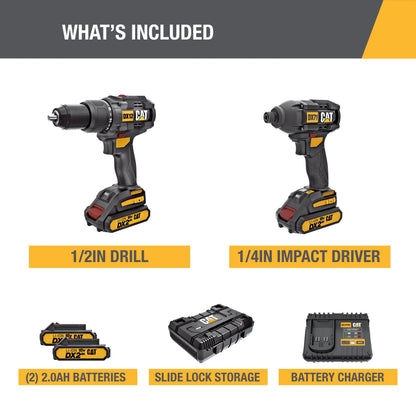 Caterpillar Cat DX12K 18V Cordless Hammer Drill & Impact Driver Combo Kit with 2 Batteries