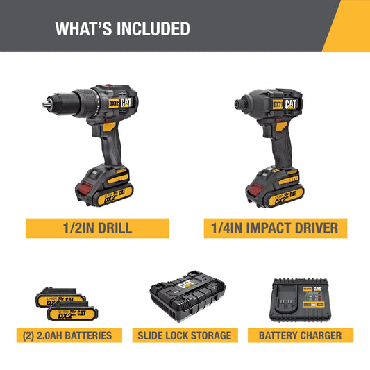 Caterpillar Cat DX12K 18V Cordless Hammer Drill & Impact Driver Combo Kit with 2 Batteries