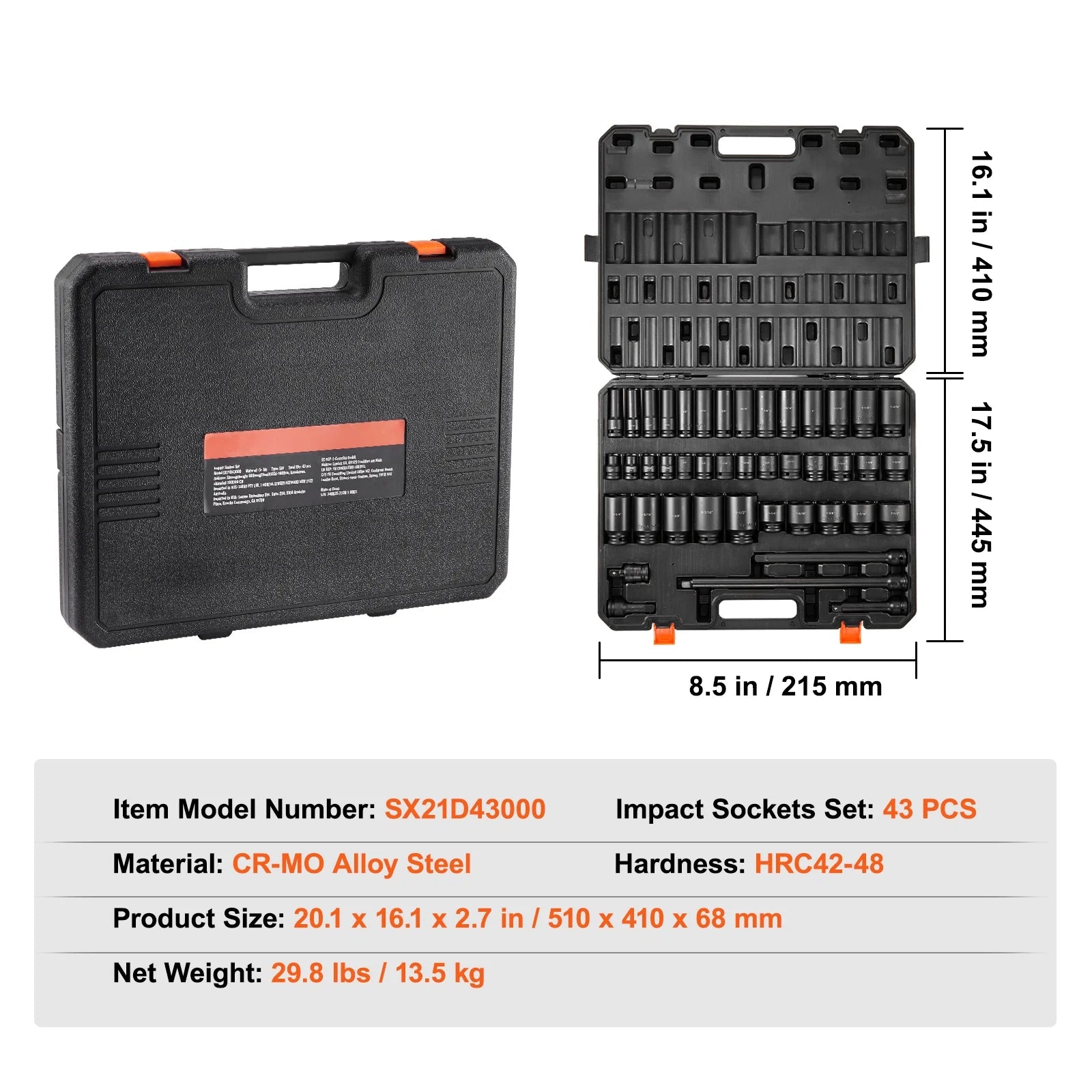 SKYSHALO 43-Pc Impact Socket Set, 1/2" Drive, SAE 3/8"-1-1/2", Deep & Shallow, 6-Point, Cr-Mo Steel, for Automotive Repair, Clear Size Labels, Durable, Includes Case