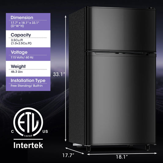 Manastin 3.5 Cu.ft Mini Fridge with Freezer, Adjustable Thermostat, Low Noise, Removable Glass Shelves, 2 Door Small Refrigerator for Kitchen, Office, Bedroom,Black