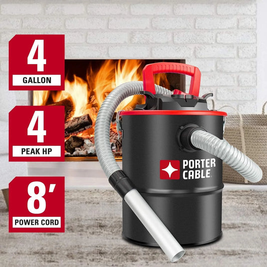 Porter-Cable 4 Gallon Ash Vac, 4 Peak HP Ash Vacuum with Powerful Suction for Fireplaces, Wood Burning Stoves, Bonfire Pits and Pellet Stoves