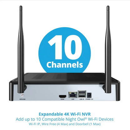 Night Owl 10 Channel 4K Bluetooth Wi-Fi NVR with 1TB Hard Drive and 4 Wi-Fi IP 4K Spotlight Cameras with 2-Way Audio and Audio Alerts and Sirens