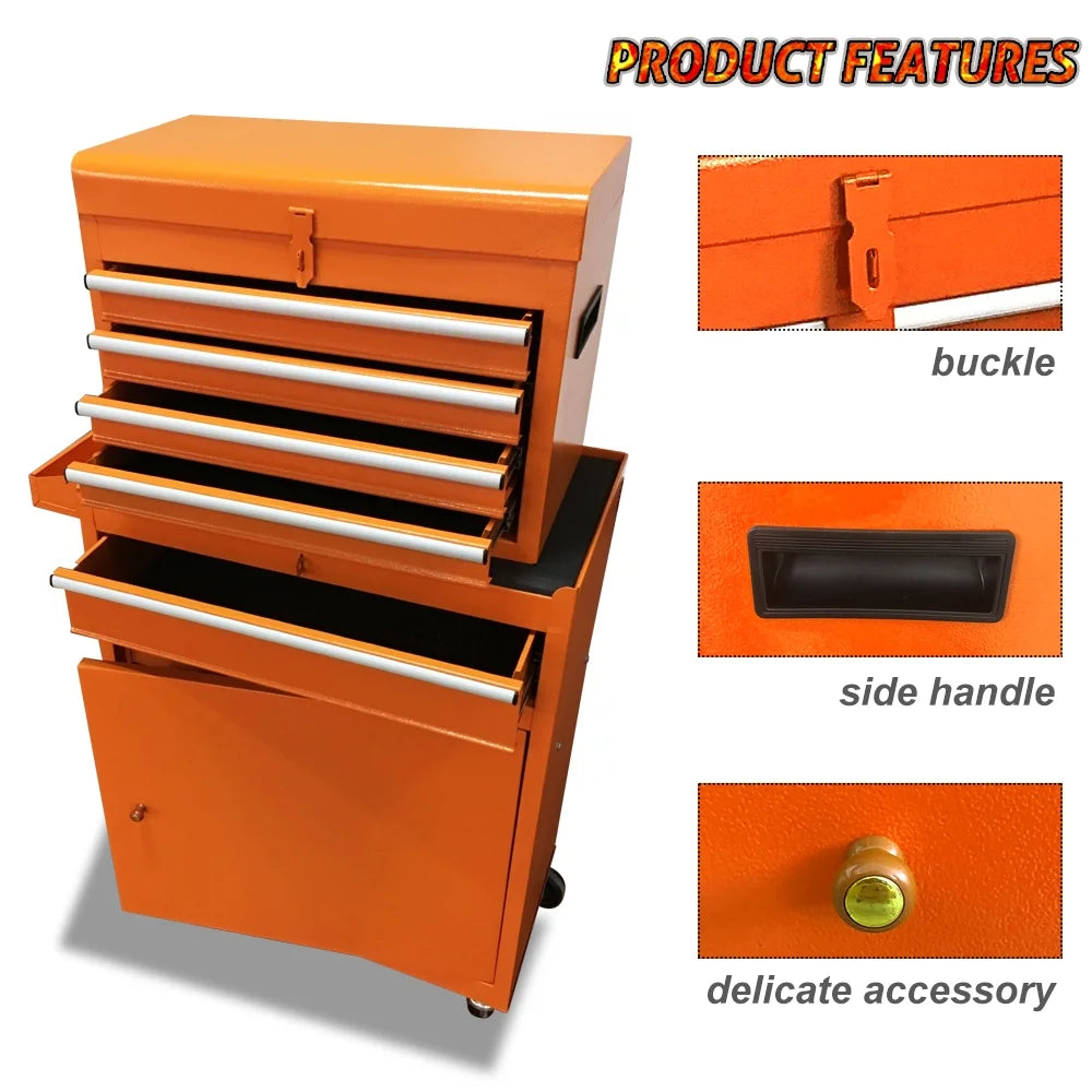 Odaof Tool Storage Cabinet and Chest, Cabinet with 4 Wheels, 5 Drawers, Large Capacity Removable Box with Lock for Garage and Warehouse-Orange