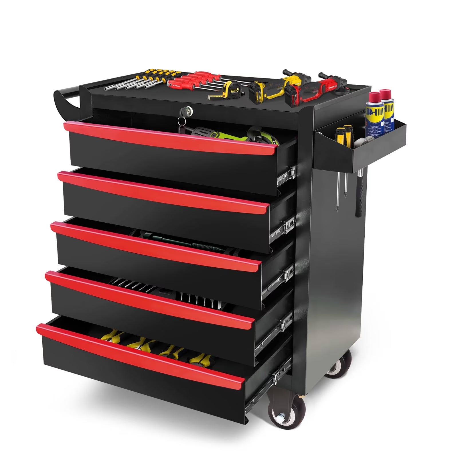 Seizeen Tool Box for Garage Organization, Heavy-Duty Red Tool Chest 5 Storage Drawer, Rooling Tool Cart Lockable for Repair Shop, Smooth Ball-Bearing Drawers