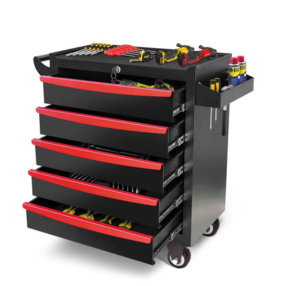 Seizeen Tool Box for Garage Organization, Heavy-Duty Red Tool Chest 5 Storage Drawer, Rooling Tool Cart Lockable for Repair Shop, Smooth Ball-Bearing Drawers
