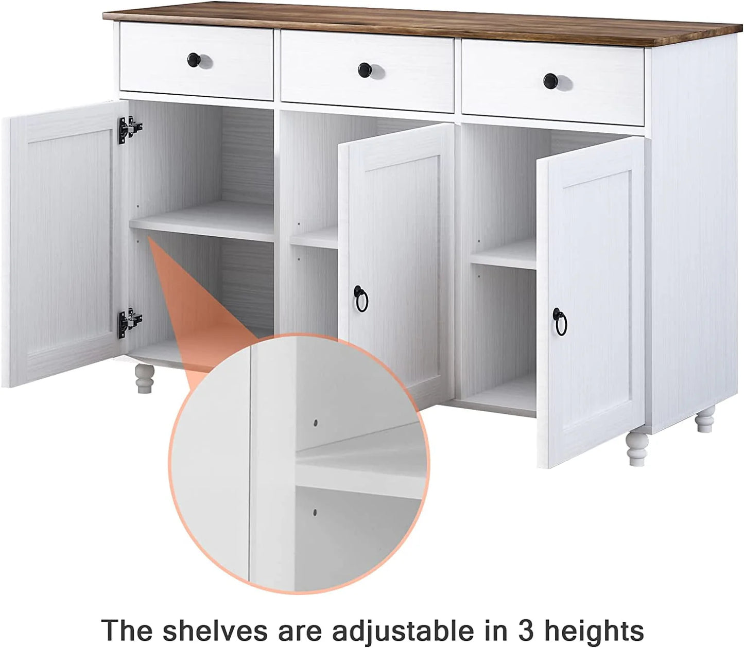 Catrimown Sideboard Buffet Cabinet, Mid-Century Kitchen Storage Cabinet with 3 Drawers & 3 Doors, Coffee Bar Cabinet with 3 Adjustable Shelves, White