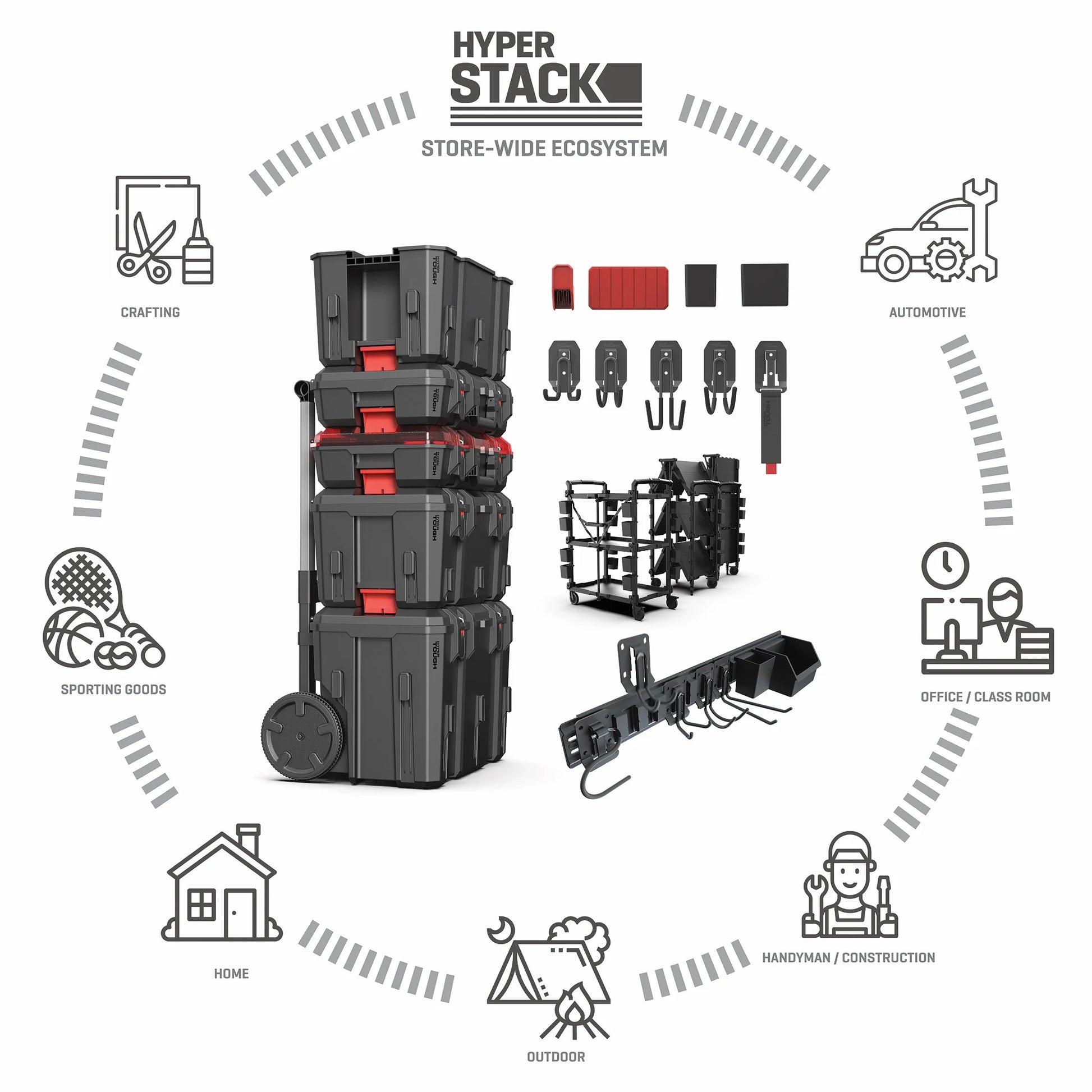 Hyper Tough Hyper Stack 3-Shelf Multi-Use 36" Commercial Utility Cart, 500 lb Capacity, Black