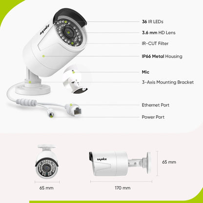 SANNCE H.265+ POE Security Camera System, 8CH 4K POE NVR and 4X 3MP Outdoor Metal IP Bullet Cam, Motion Alert, Humanoid, Infrared, Audio Input, NO HDD, 100ft Night Vision, Surveillance System Kit