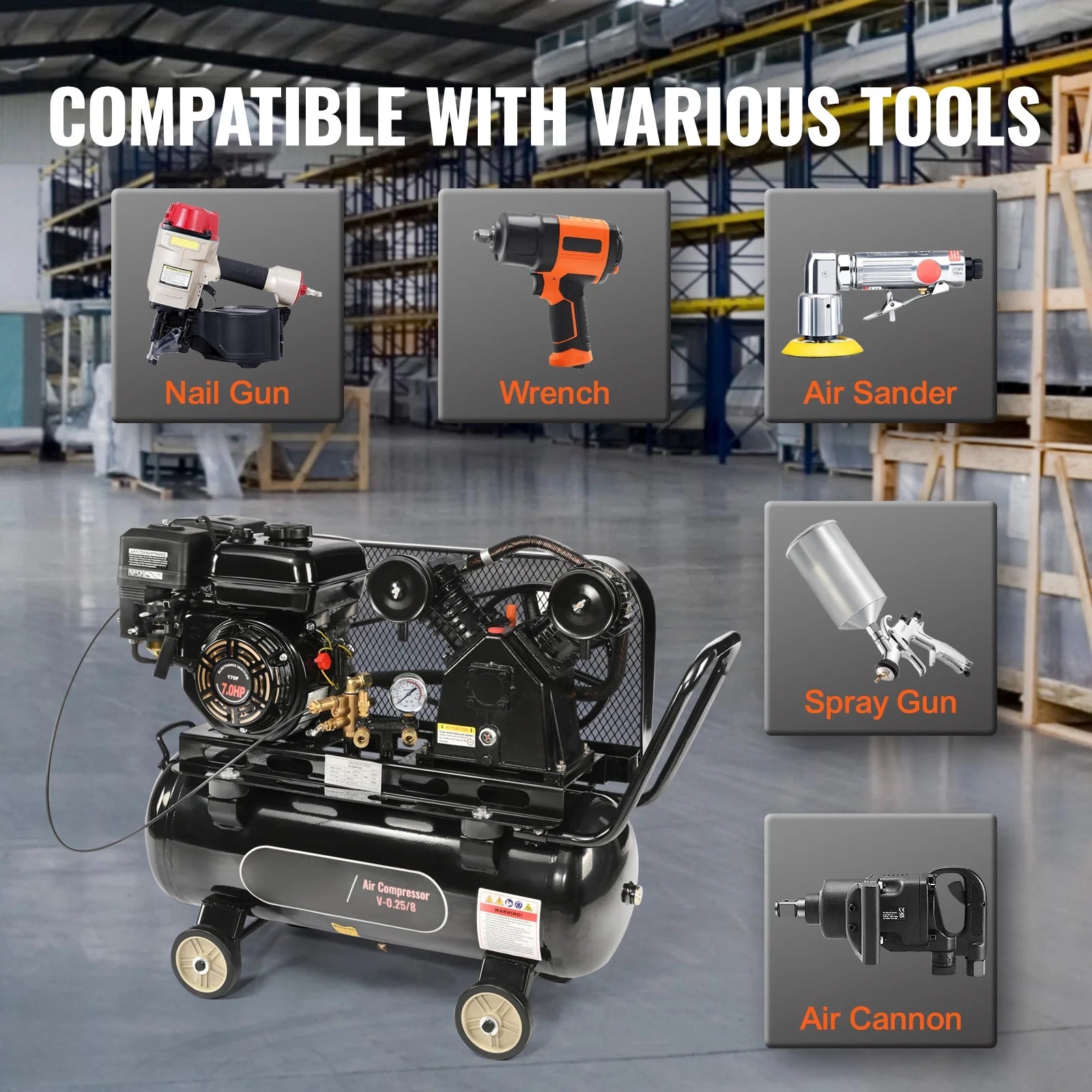 KFFKFF Gas Air Compressor with 7HP Engine, 13.2 Gallon Horizontal Tank, Delivers 9CFM at 115PSI, Gas-Driven Piston Pump, Max 115PSI, Perfect for Job Sites and Workshops