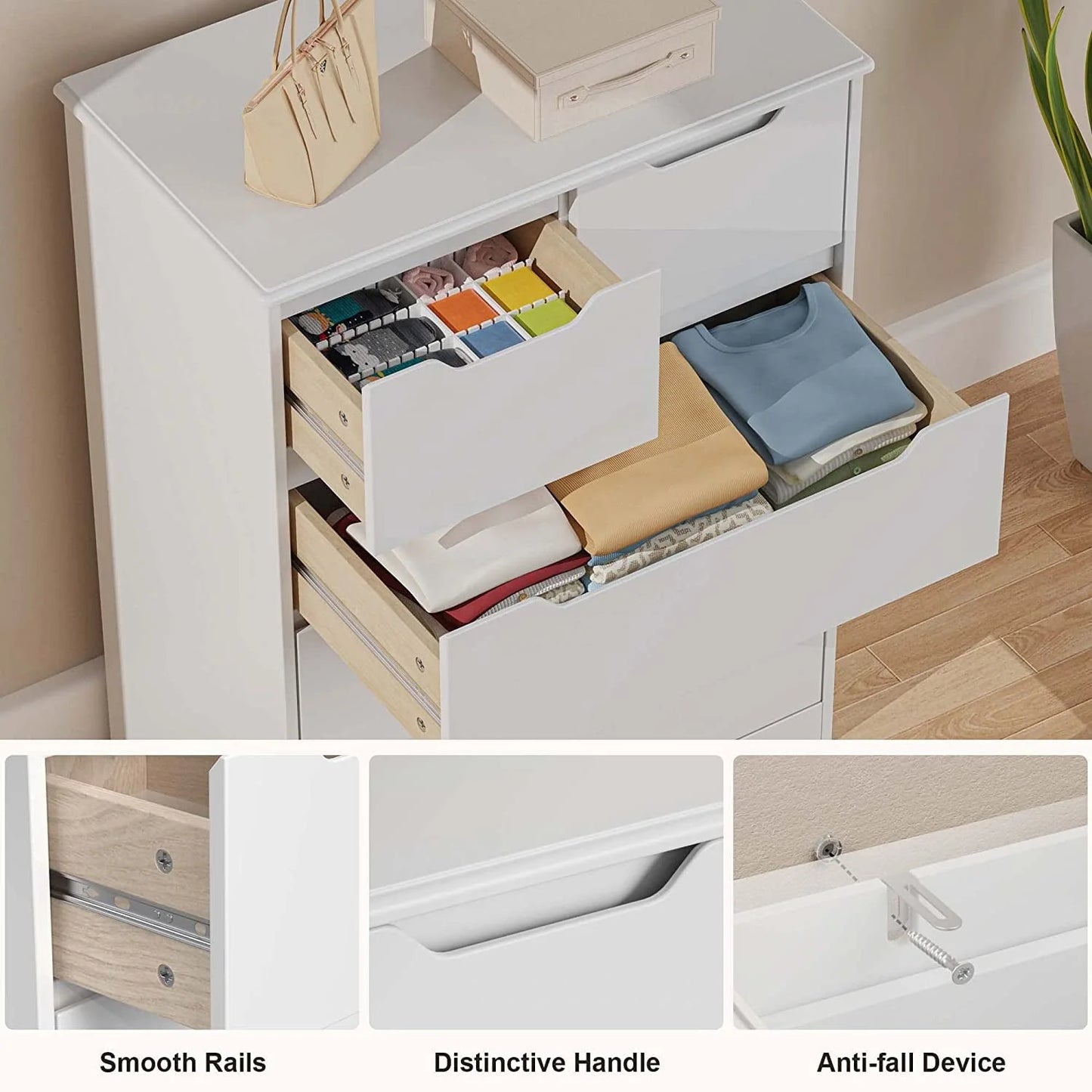Dresser for Bedroom, Lofka 5 Storage Drawer Chest and Organizer with Cutout Handles for Bedroom, White