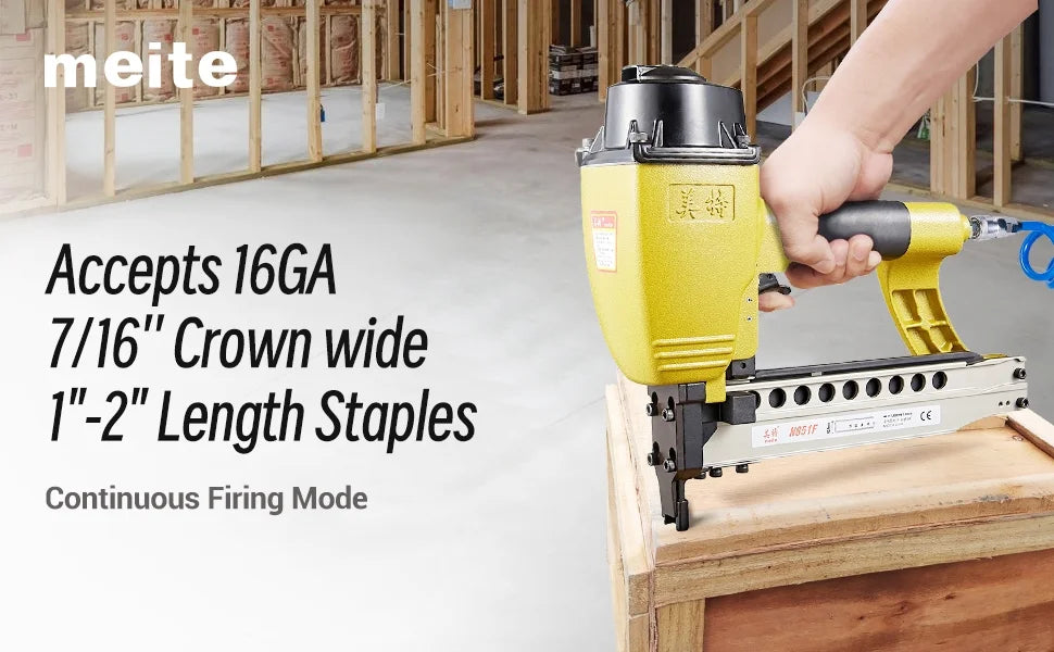 meite N851F Pneumatic Staple Gun 16 Gauge 7/16" Crown Sequential Nailing, Uses 16 GA 7/16-Inch Staples (1-Inch to 2-Inch)