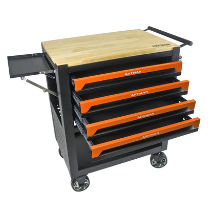 Roromall Rolling Tool Cart with Wooden Top 4 Drawers Foldable Side Panel Multi-Function Tool Chest for Garage Workshop Tool Organizer