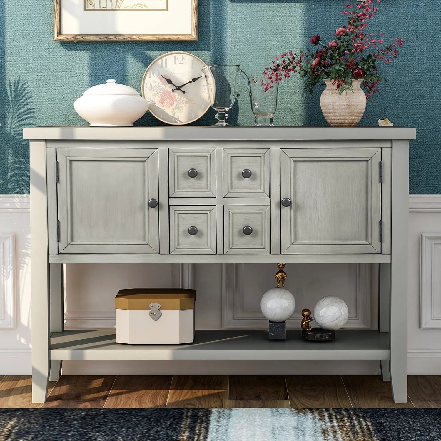 Buffet Sideboard, 46" Dining Room Console Table with 4 Storage Drawers, 2 Cabinets, 1 Bottom Shelf, Antique Grey, Q3687