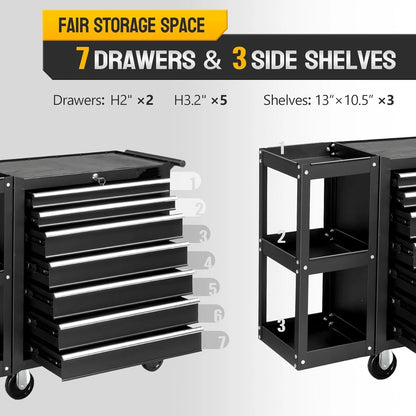 Ktaxon 7-Drawer Rolling Tool Chest with Side Shelves, Tool Storage Side Cabinet w/Lockable Wheels, for Warehouse Garage Repair Shop
