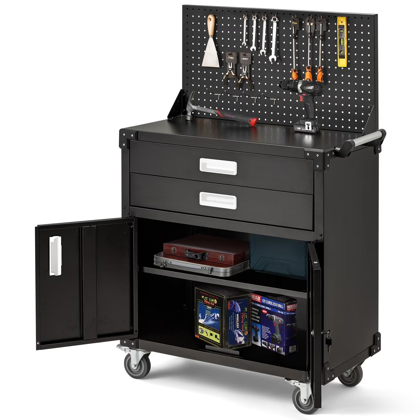 AECOJOY Metal Steel Mobile Tool Cart with Storage Drawer Tool Chest On Wheels Tool Box Garage Organizer for Workshop Warehouse Garage, Black Handle