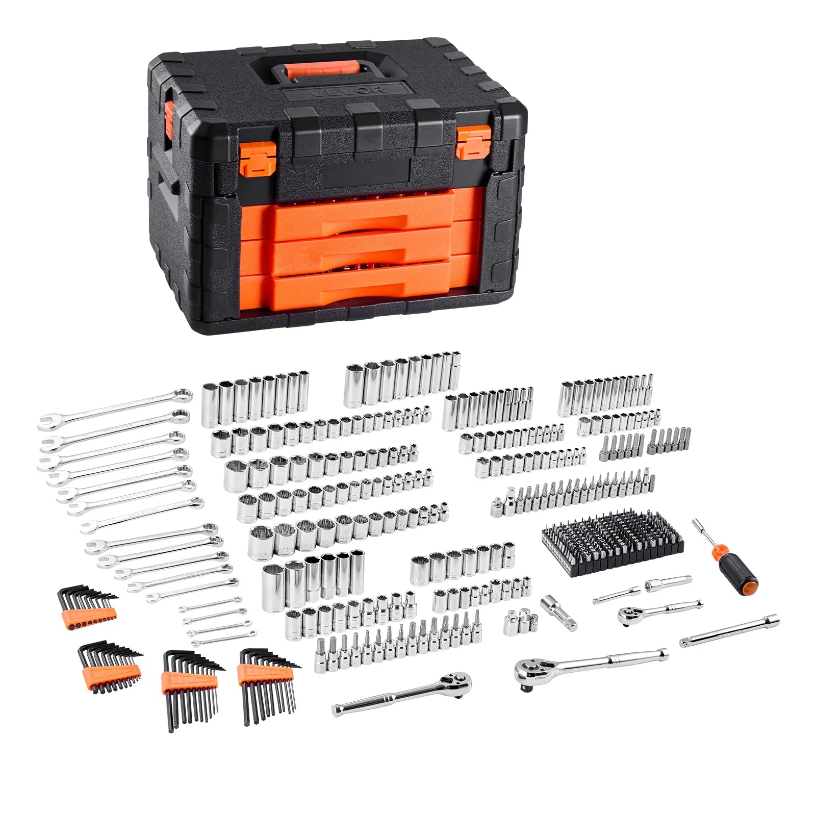 VEVOR Mechanics Tool Set and Socket Set,450 Pcs, 1/4, 3/8 and 1/2 inch Drive Deep and Standard Sockets, SAE Metric Mechanic Tool Kit with Bits, Wrenches, Accessories, Storage Case with Orange Drawer