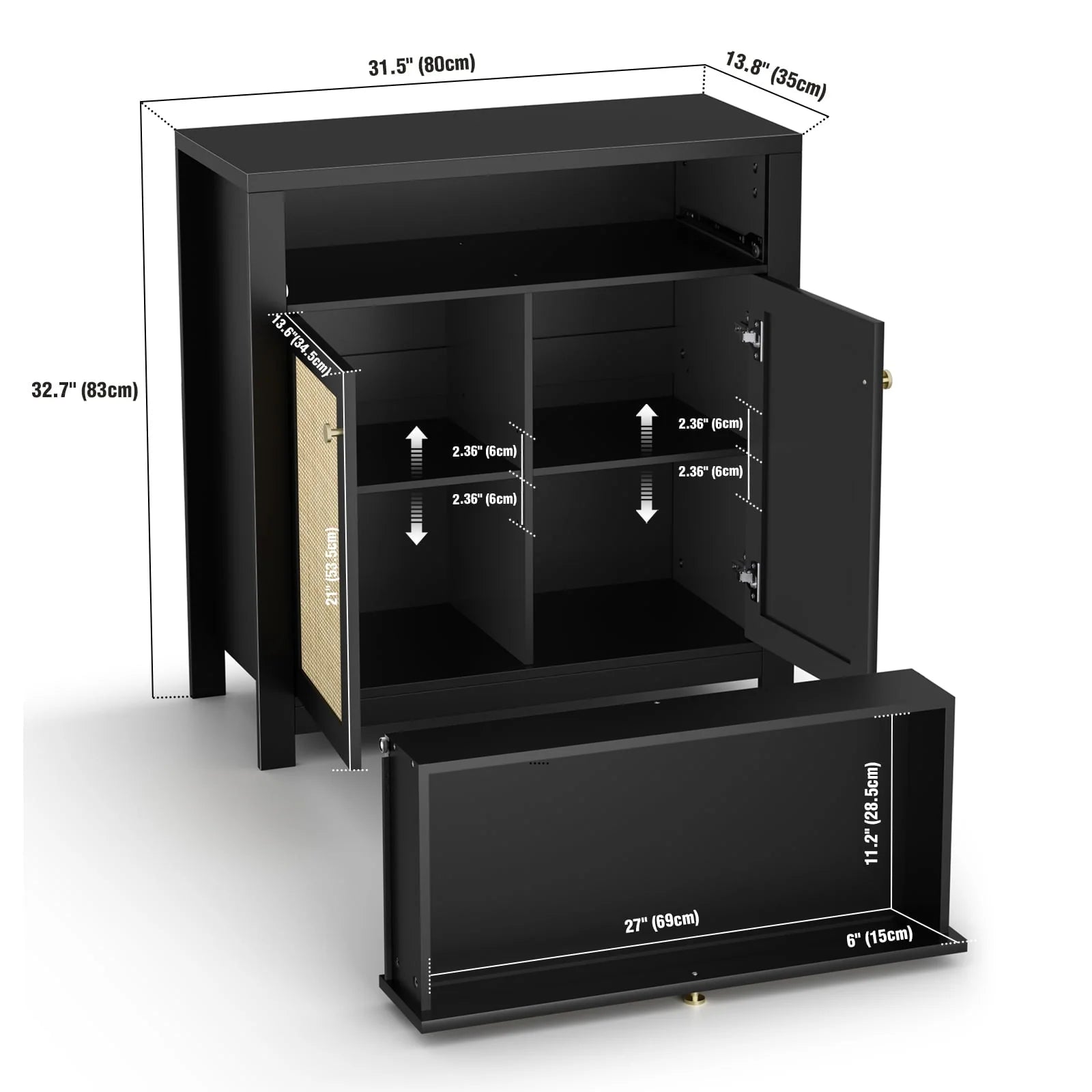 Eumyviv Black Sideboard Buffet Storage Cabinet with Door and Drawer, Natural Rattan Kitchen Accent Storage Cabinet Free Standing, Black H0085