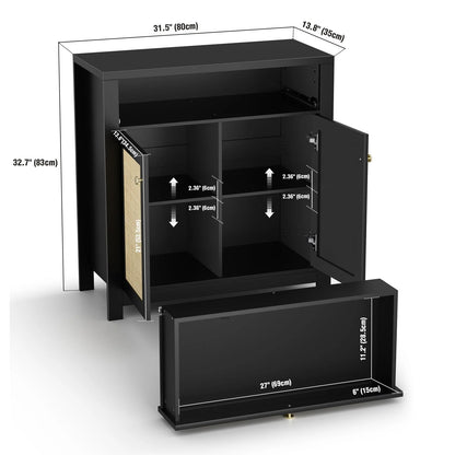 Eumyviv Black Sideboard Buffet Storage Cabinet with Door and Drawer, Natural Rattan Kitchen Accent Storage Cabinet Free Standing, Black H0085