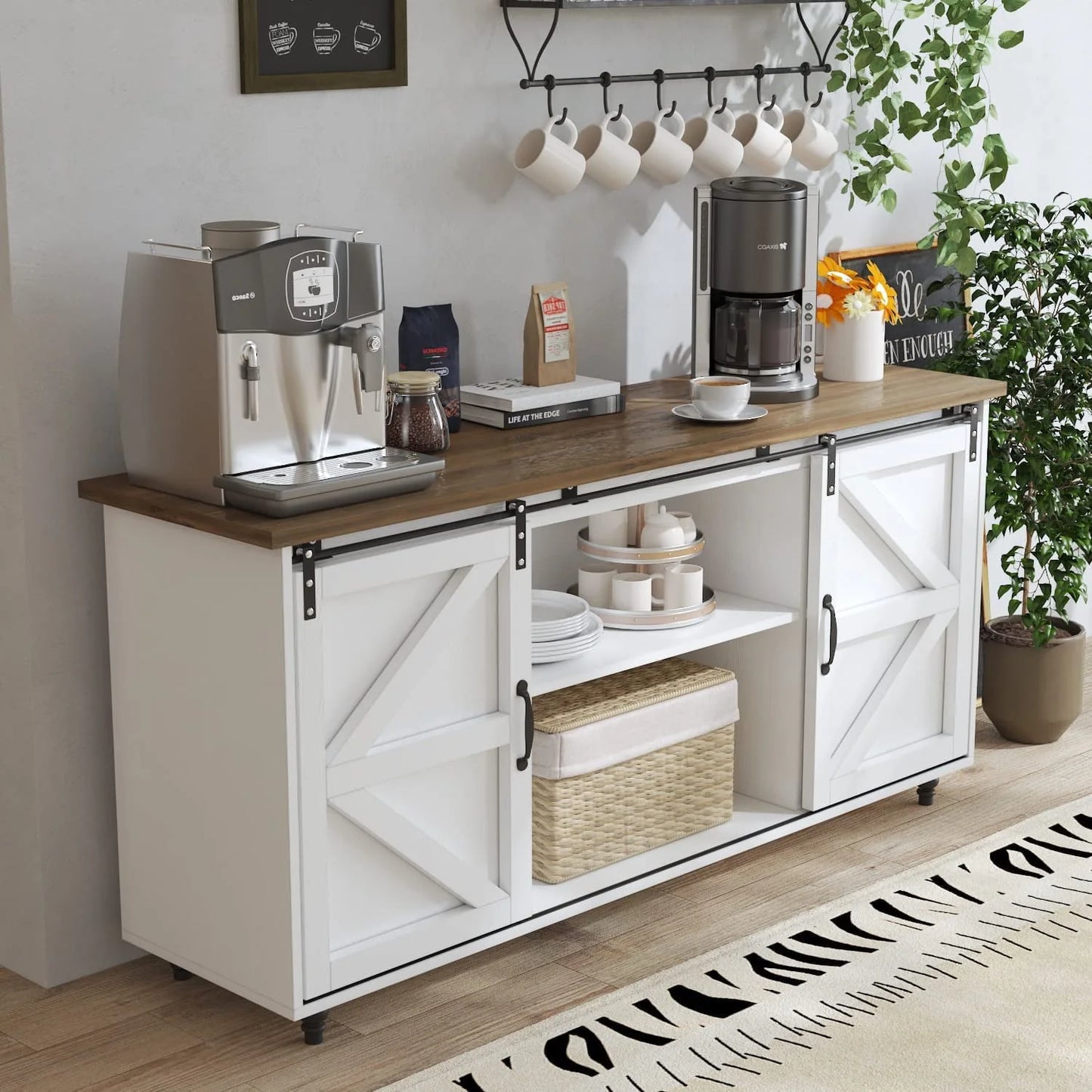 Catrimown Farmhouse Coffee Bar Cabinet, 58'' Kitchen Buffet Sideboard Storage Cabinet with Adjustable Shelves, White