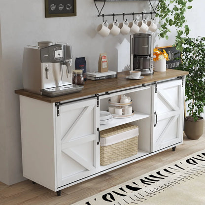 Catrimown Farmhouse Coffee Bar Cabinet, 58'' Kitchen Buffet Sideboard Storage Cabinet with Adjustable Shelves, White