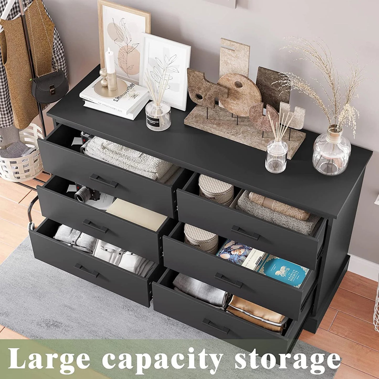Black Double Dresser with 6 Drawers for Bedroom, Wood Large Chest of Drawers Storage Tower Clothes Organizer
