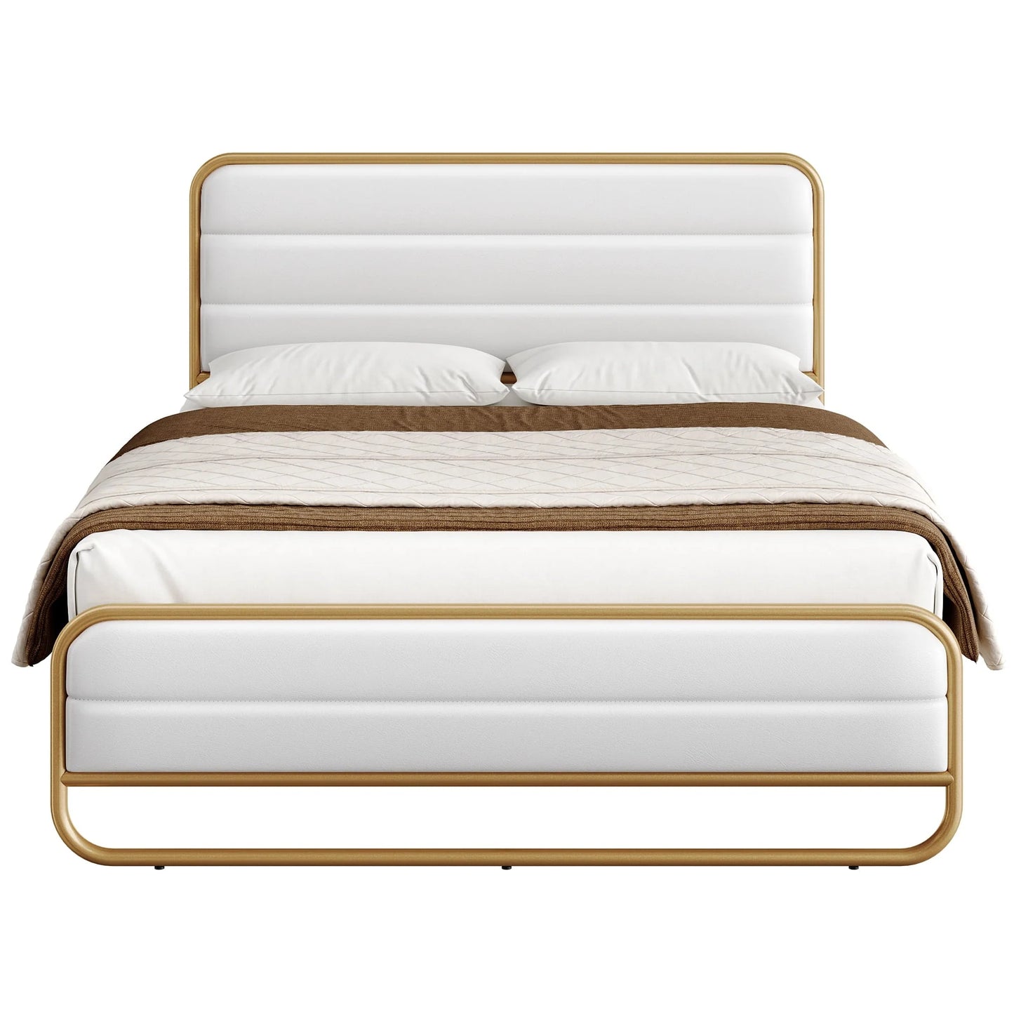 Homfa Queen Size Bed Frame, Gold Metal Tubular Platform Bed with PU Leather Upholstered Headboard, 10.6" Under Bed Storage, White