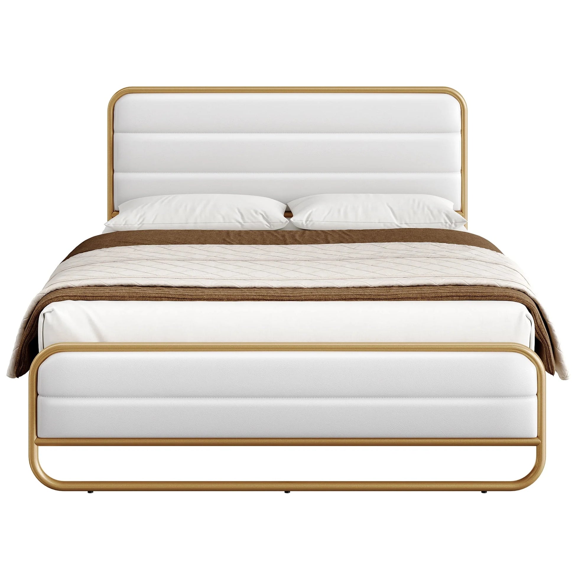 Homfa Queen Size Bed Frame, Gold Metal Tubular Platform Bed with PU Leather Upholstered Headboard, 10.6" Under Bed Storage, White