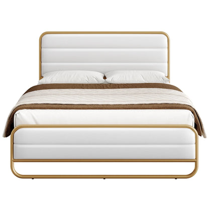 Homfa Queen Size Bed Frame, Gold Metal Tubular Platform Bed with PU Leather Upholstered Headboard, 10.6" Under Bed Storage, White
