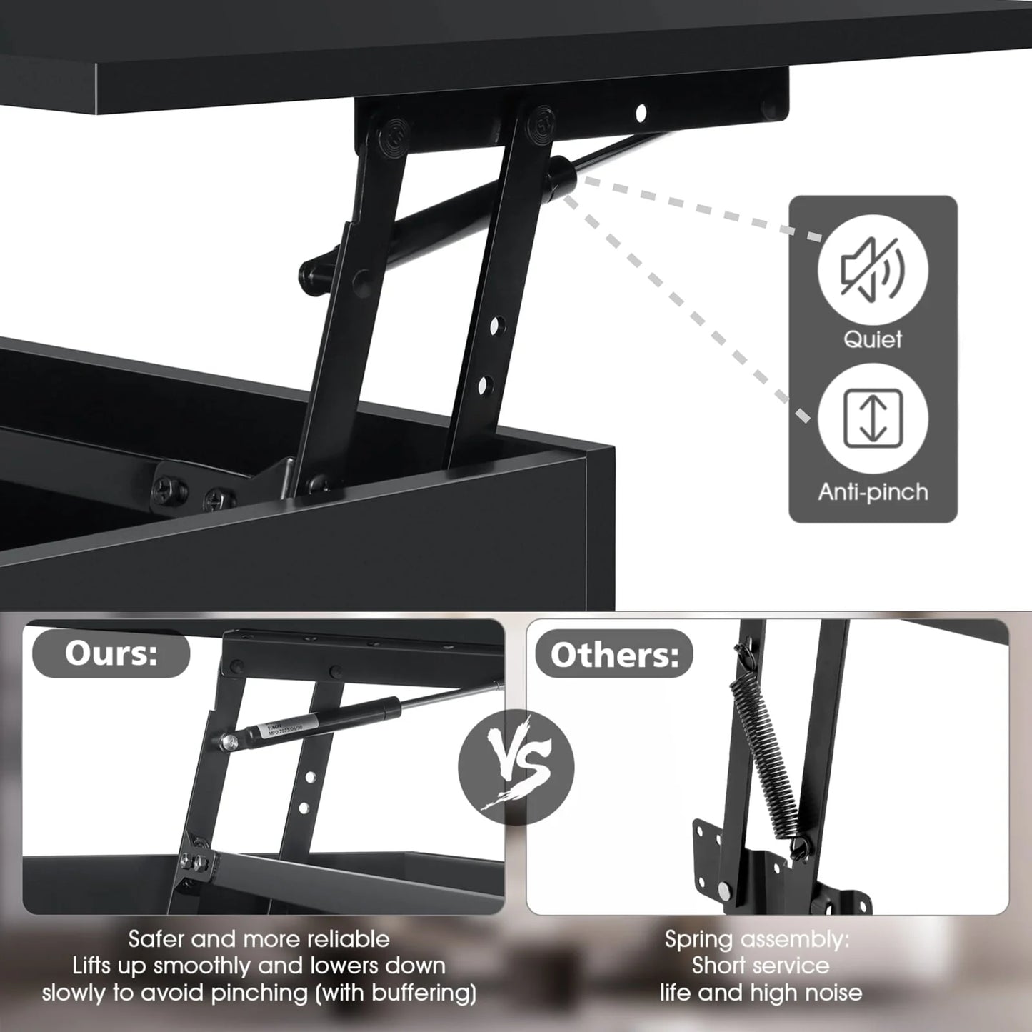 Hommpa LED Lift Top Coffee Table with Charging Station High Gloss Rectangle Center Tea Desk Black Hidden Storage Rising Dining Cocktail Tables Living Room