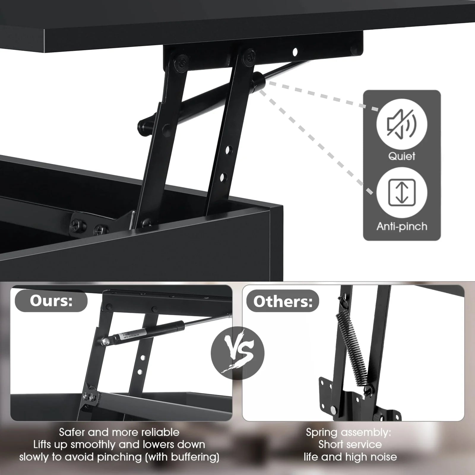 Hommpa LED Lift Top Coffee Table with Charging Station High Gloss Rectangle Center Tea Desk Black Hidden Storage Rising Dining Cocktail Tables Living Room