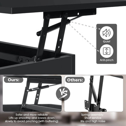 Hommpa LED Lift Top Coffee Table with Charging Station High Gloss Rectangle Center Tea Desk Black Hidden Storage Rising Dining Cocktail Tables Living Room